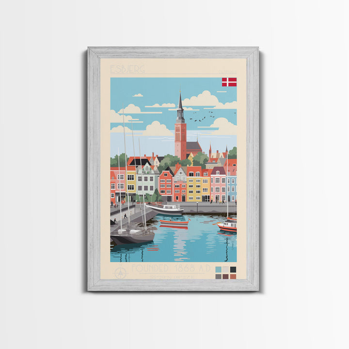 Esbjerg Denmark Travel Poster Framed Canvas Print, Midcentury Modern Art, Pop Art Wall Decor, Scenic Bedroom Art, Office Decoration