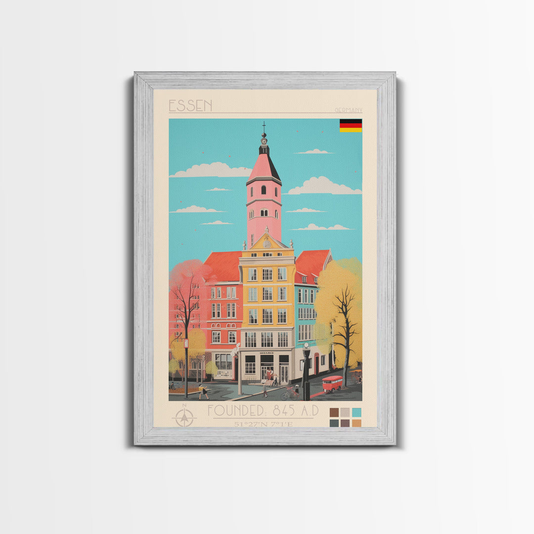 Essen Germany Travel Poster Framed Canvas Print, Midcentury Modern Art, Pop Art Wall Decor, Home Decor, Vacation Gift, Office Art