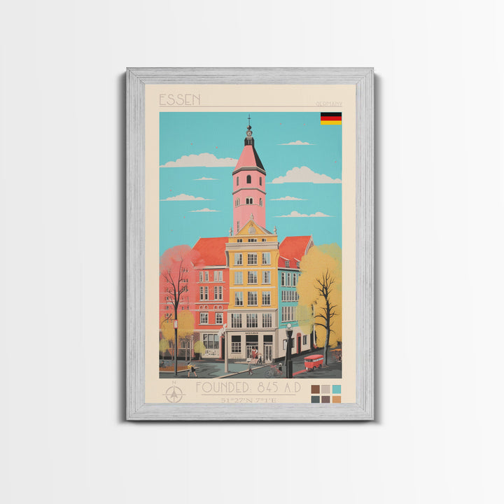 Essen Germany Travel Poster Framed Canvas Print, Midcentury Modern Art, Pop Art Wall Decor, Home Decor, Vacation Gift, Office Art