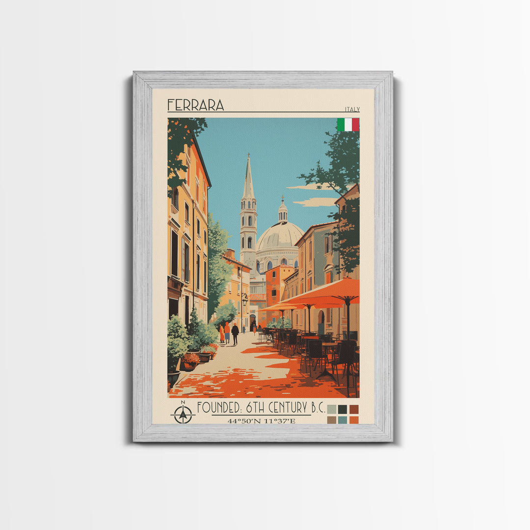 Ferrara Italy Travel Poster Framed Canvas Print, Midcentury Modern Art, Pop Art Wall Decor, Scenic Living Room Art, Bedroom Gift