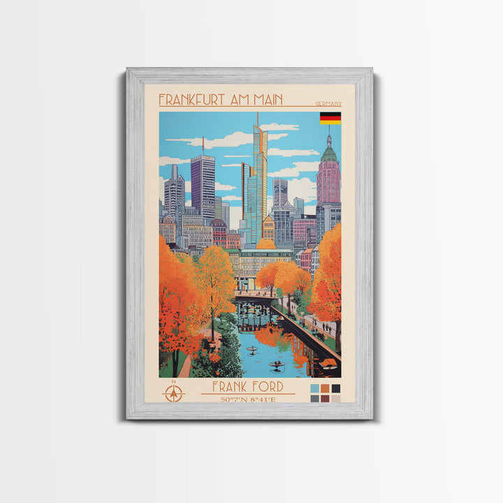 Frankfurt Germany Travel Poster Framed Canvas Print, Midcentury Modern Art, Pop Art Wall Decor, Scenic Wall Art, Living Room Decoration, Office Gift