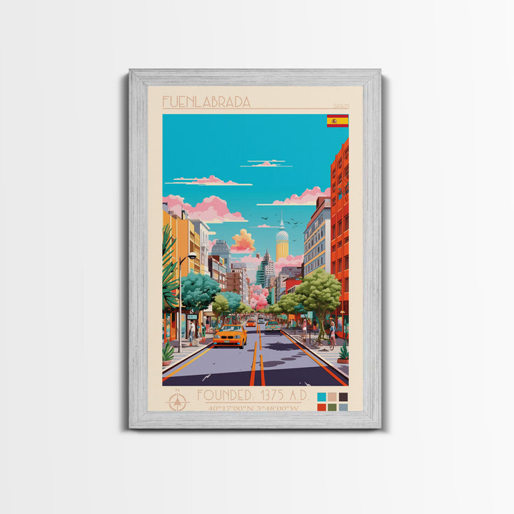 Fuenlabrada Spain Travel Poster Framed Canvas Print, Midcentury Modern Art, Pop Art Wall Decor, Scenic Wall Art, Living Room Decoration, Office Art