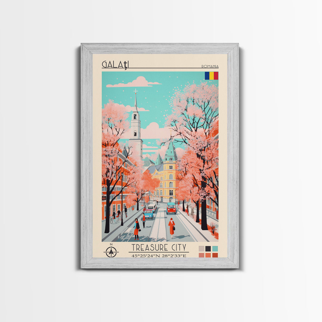 Galați Romania Travel Poster Framed Canvas Print, Midcentury Modern Art, Pop Art Wall Decor, Scenic Wall Art, Bedroom Decoration, Office Art