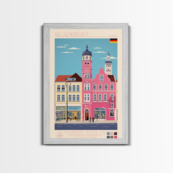 Gelsenkirchen Germany Travel Poster Framed Canvas Print, Midcentury Modern Art, Pop Art Wall Decor, Scenic Living Room Art, Bedroom Gift