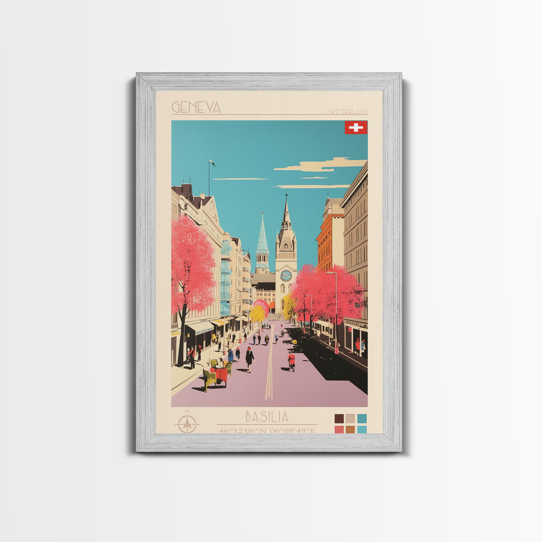 Geneva Switzerland Travel Poster Framed Canvas Print, Midcentury Modern Art, Pop Art Wall Decor, Scenic Wall Art, Living Room Decoration, Office Art