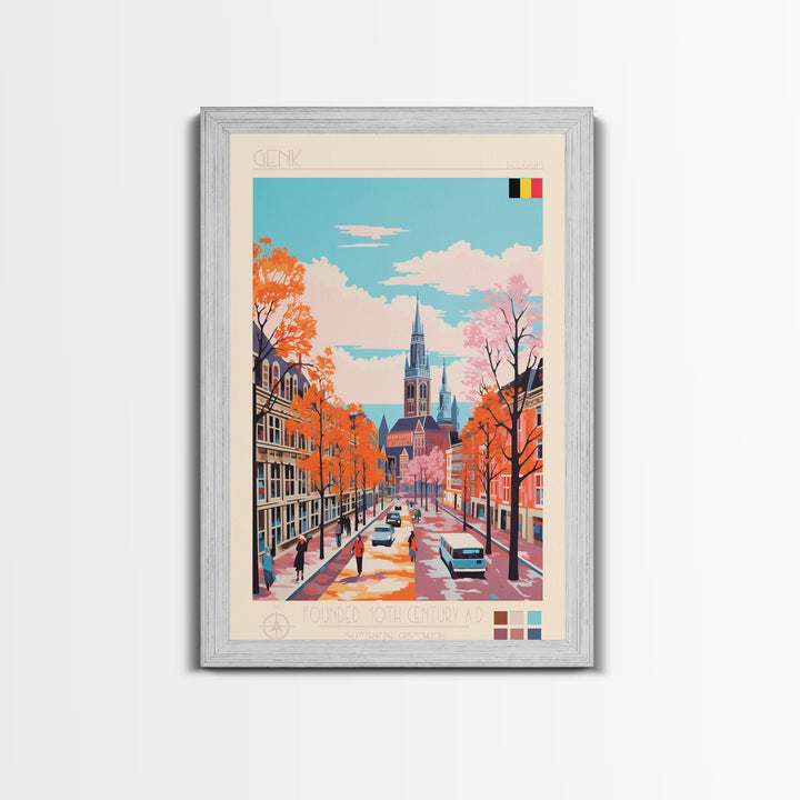 Genk Belgium Travel Poster Framed Canvas Print, Midcentury Modern Art, Pop Art Wall Decor, Home Decor, Vacation Gift, Bedroom Art