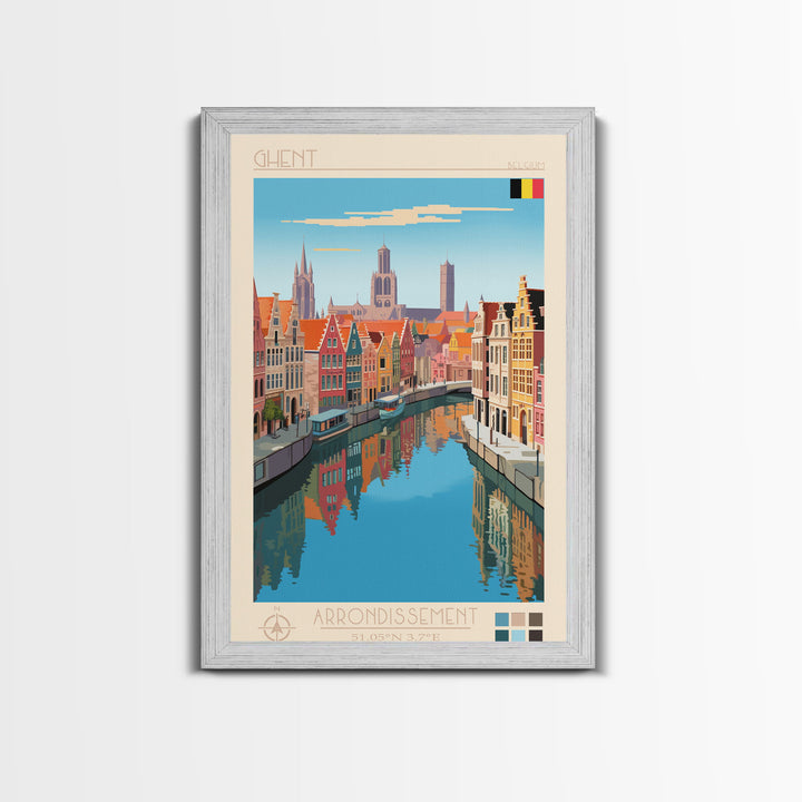 Ghent Belgium Travel Poster Framed Canvas Print, Midcentury Modern Art, Pop Art Wall Decor, Scenic Wall Art, Living Room Decoration, Office Art