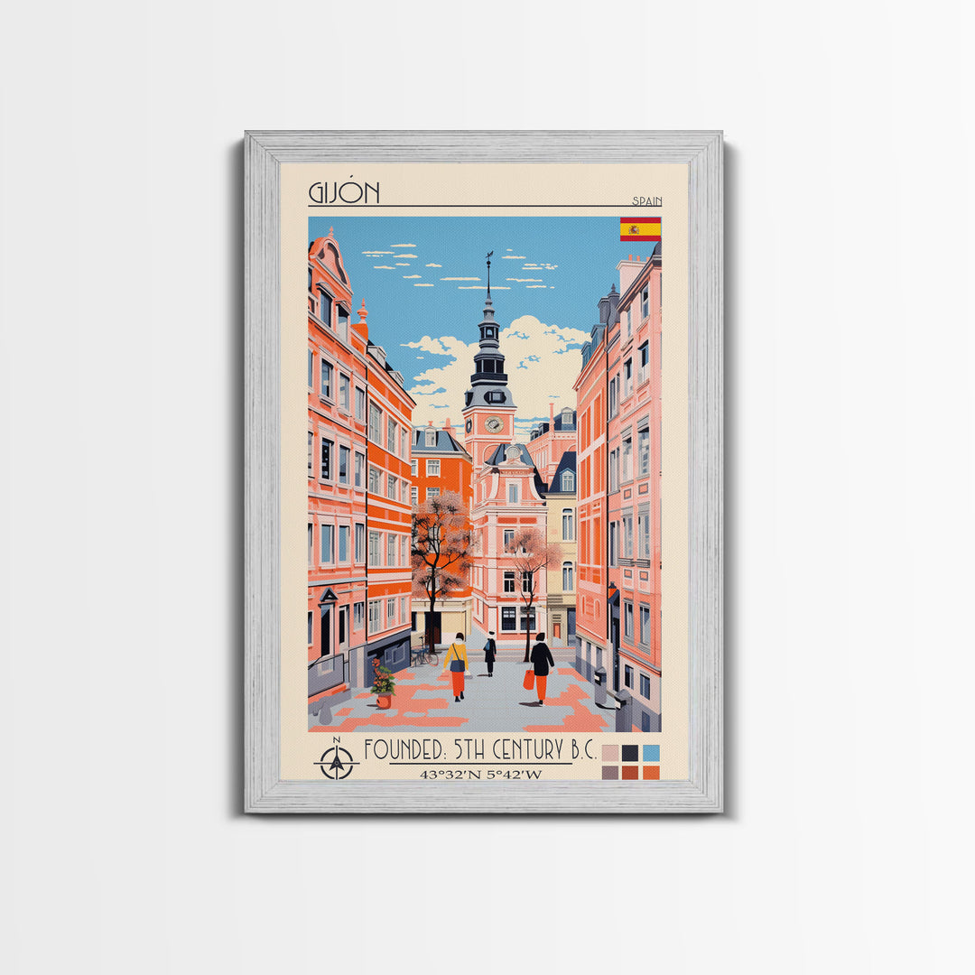 Gijón Spain Travel Poster Framed Canvas Print, Midcentury Modern Art, Pop Art Wall Decor, Scenic Wall Art, Living Room Decoration, Office Art