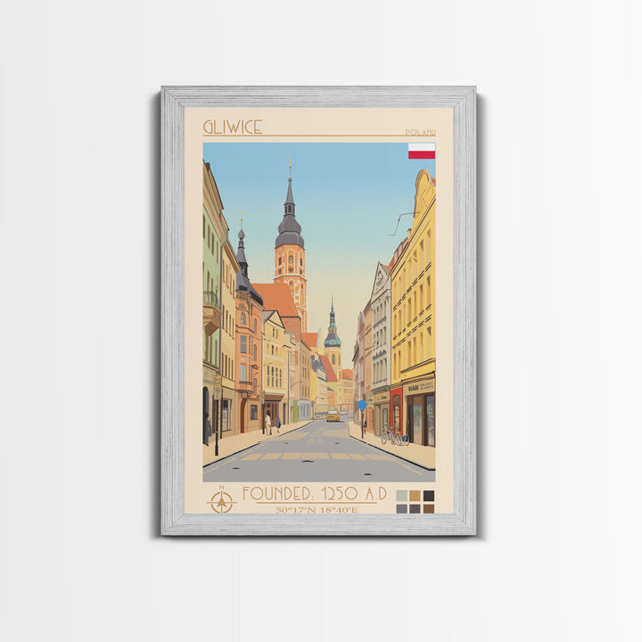 Gliwice Poland Travel Poster Framed Canvas Print, Midcentury Modern Art, Pop Art Wall Decor, Scenic Living Room Art, Bedroom Decor
