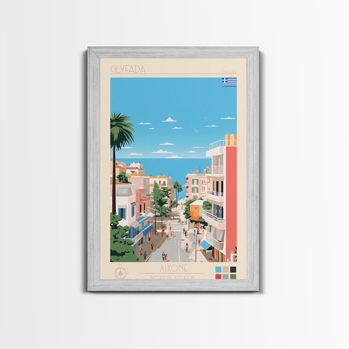 Glyfada Greece Travel Poster Framed Canvas Print, Midcentury Modern Art, Pop Art Wall Decor, Scenic Wall Art, Bedroom Decoration, Office Art
