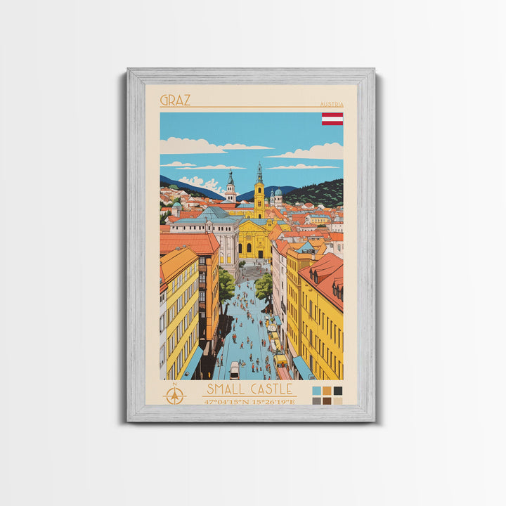 Graz Austria Travel Poster Framed Canvas Print, Vintage Style, Pop Art Home Decor, Scenic Wall Art, Bedroom Decoration, Office Gift