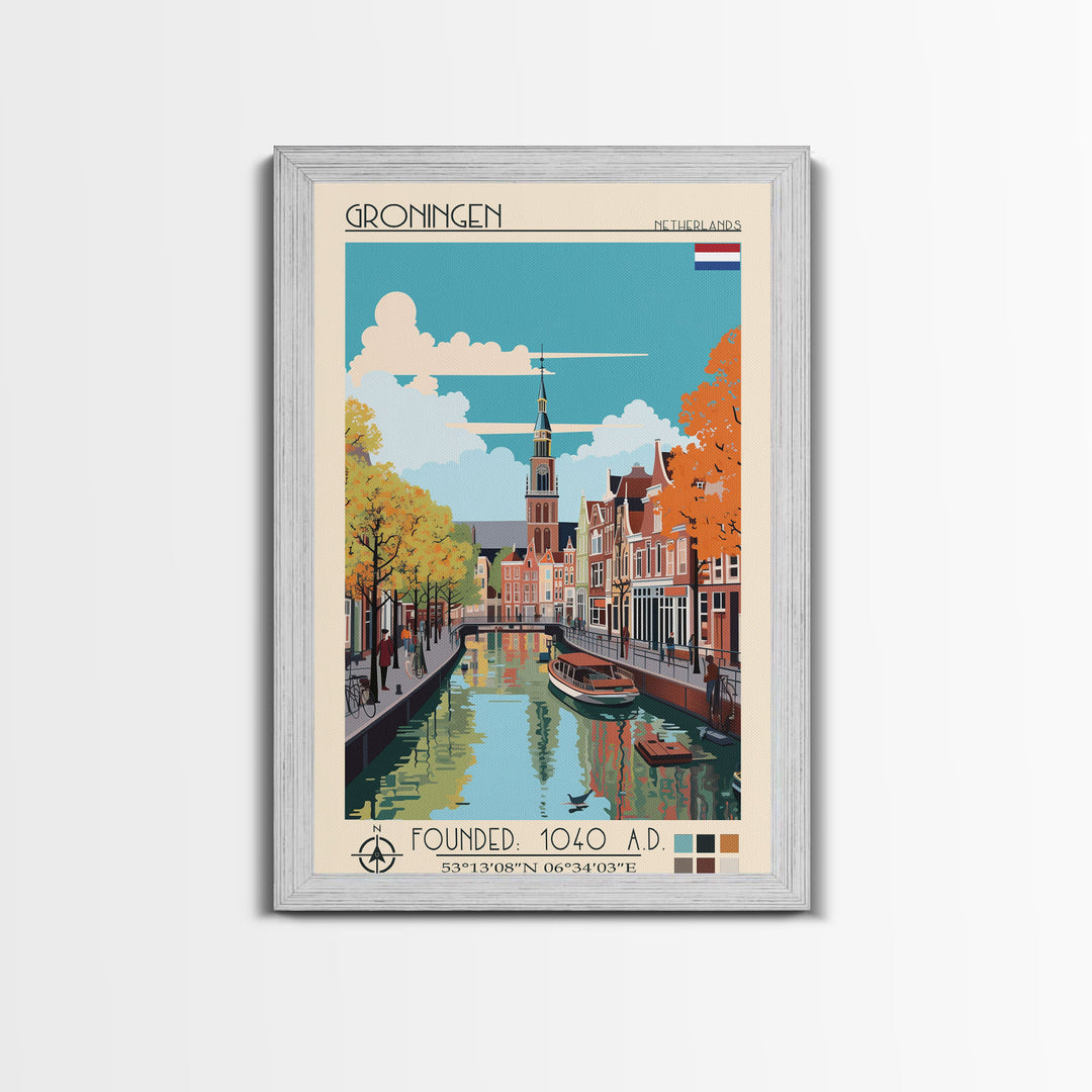 Groningen Netherlands Travel Poster Framed Canvas Print, Midcentury Modern Art, Pop Art Wall Decor, Scenic Living Room Art, Bedroom Gift