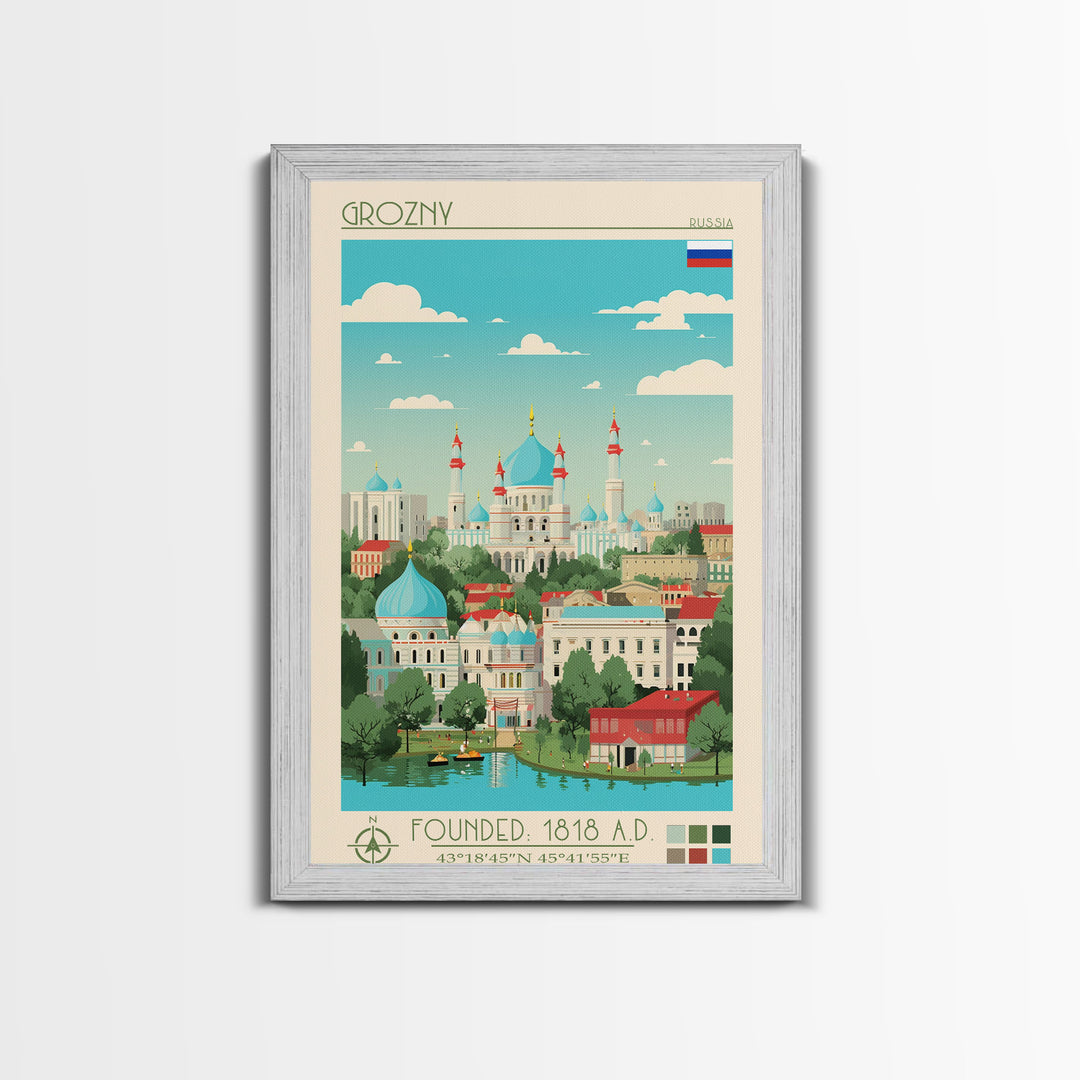 Grozny Russia Travel Poster Framed Canvas Print, Midcentury Modern Art, Pop Art Wall Decor, Scenic Wall Art, Living Room Decoration, Office Art