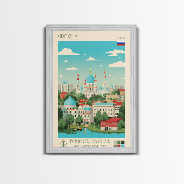 Grozny Russia Travel Poster Framed Canvas Print, Midcentury Modern Art, Pop Art Wall Decor, Scenic Wall Art, Living Room Decoration, Office Art