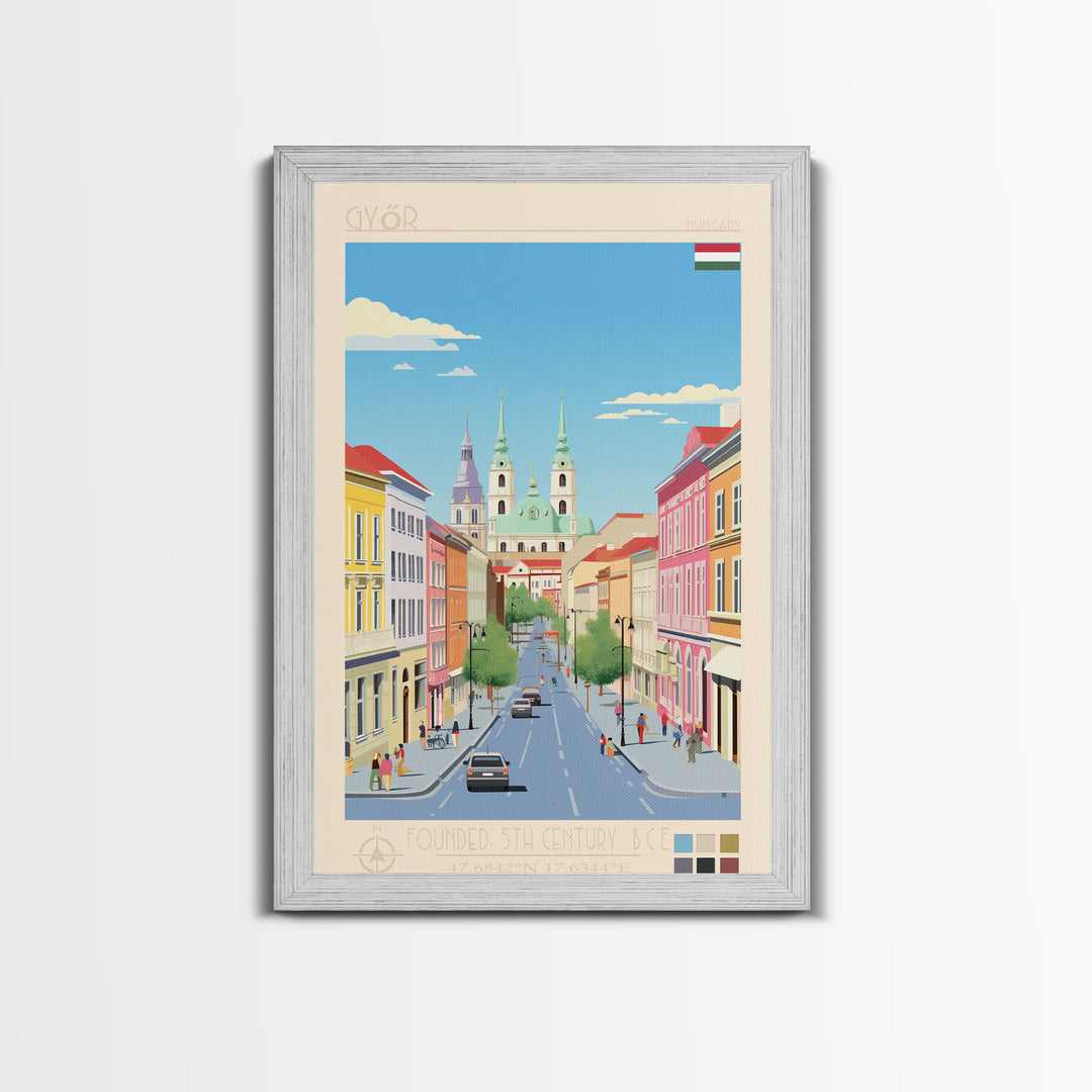 Győr Hungary Travel Poster Framed Canvas Print, Midcentury Modern Art, Pop Art Wall Decor, Scenic Wall Art, Living Room Decoration, Office Gift