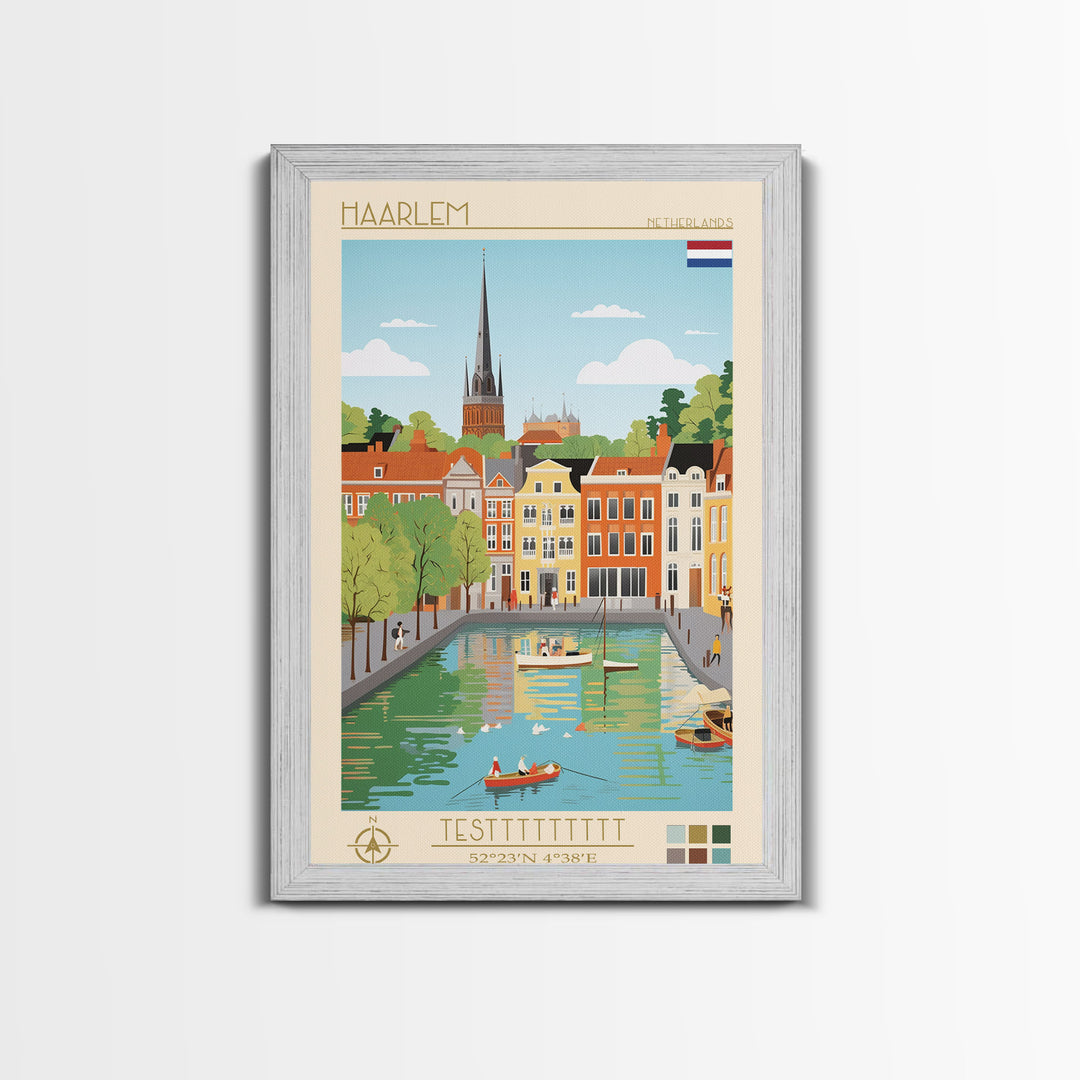 Haarlem Netherlands Travel Poster Framed Canvas Print, Midcentury Modern Art, Pop Art Wall Decor, Scenic Bedroom Art, Office Decoration