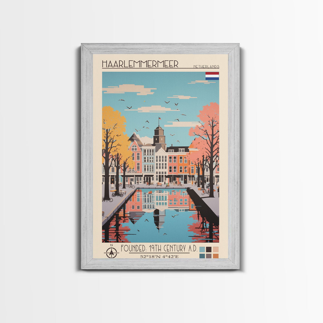 Haarlemmermeer Netherlands Travel Poster Framed Canvas Print, Midcentury Modern Art, Pop Art Wall Decor, Scenic Wall Art, Living Room Decoration, Office Art