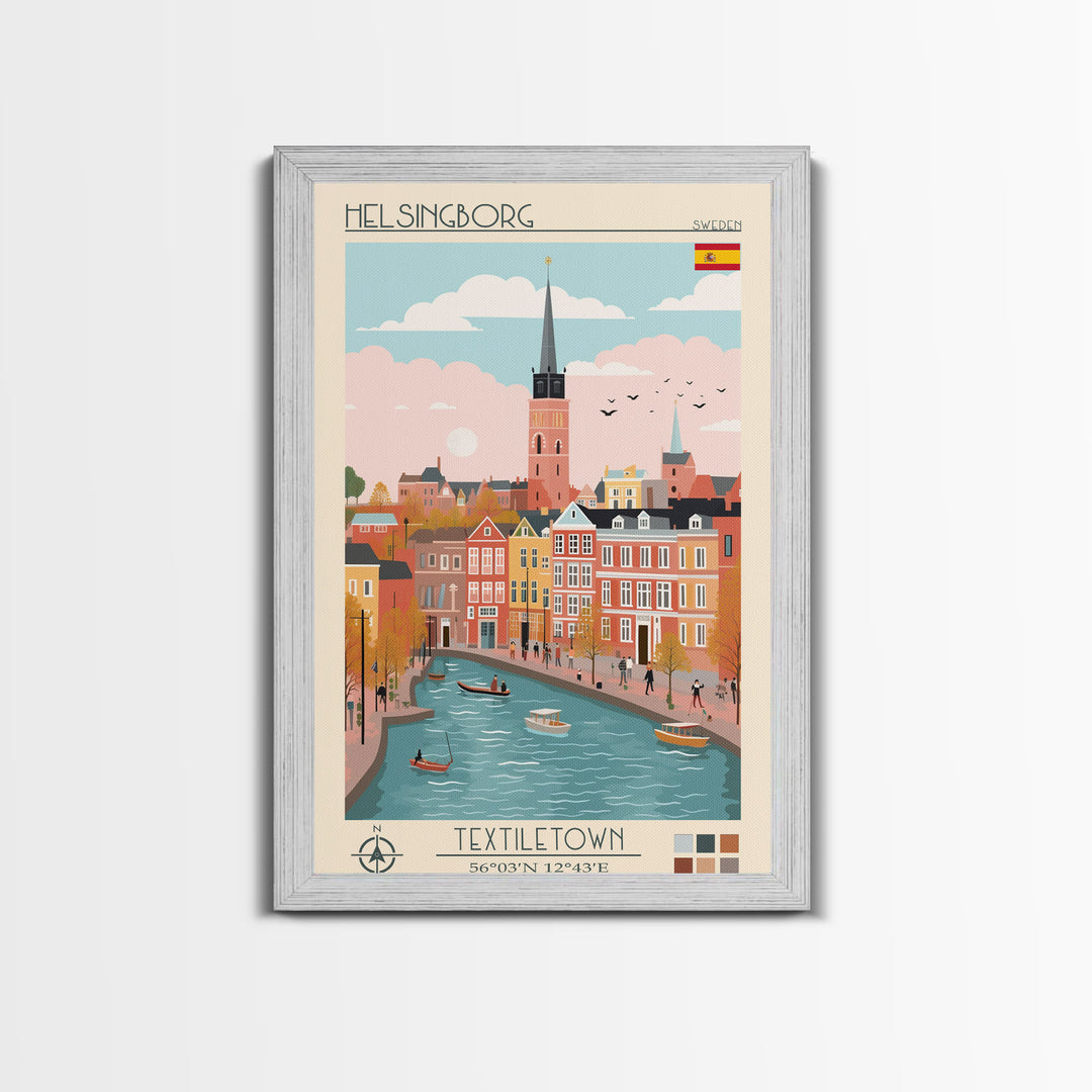 Helsingborg Sweden Travel Poster Framed Canvas Print, Midcentury Modern Art, Pop Art Wall Decor, Scenic Wall Art, Bedroom Decoration, Office Art