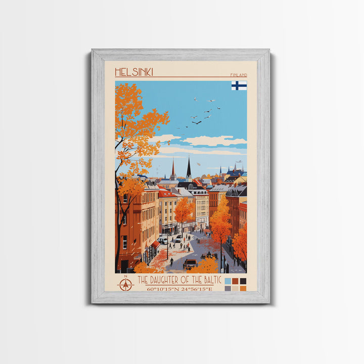 Helsinki Finland Travel Poster Framed Canvas Print, Midcentury Modern Art, Pop Art Wall Decor, Scenic Bedroom Art, Office Decoration