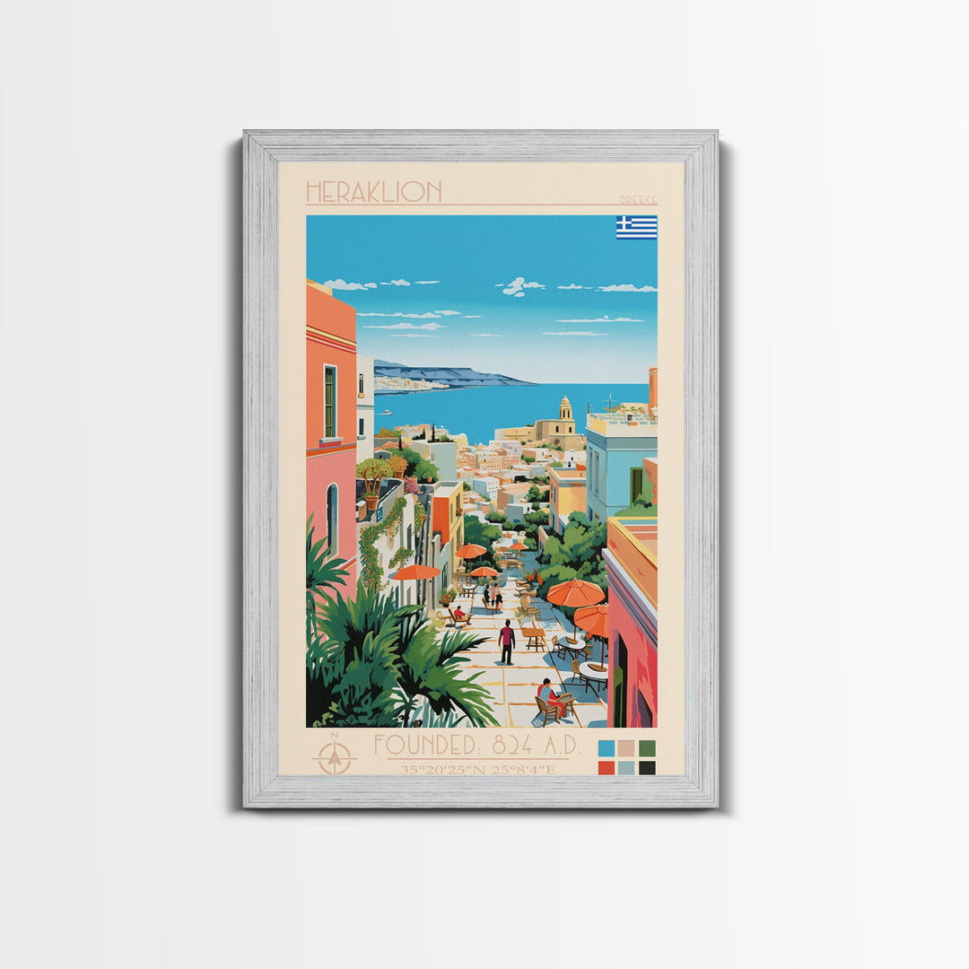 Heraklion Greece Travel Poster Framed Canvas Print, Midcentury Modern Art, Pop Art Wall Decor, Scenic Living Room Art, Bedroom Decor