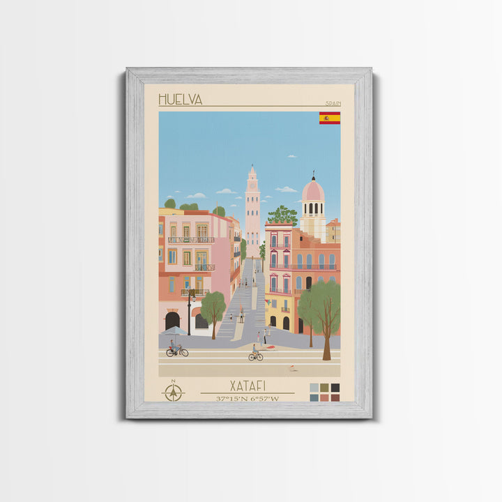 Huelva Spain Travel Poster Framed Canvas Print, Midcentury Modern Art, Pop Art Wall Decor, Scenic Wall Art, Living Room Decoration, Office Art