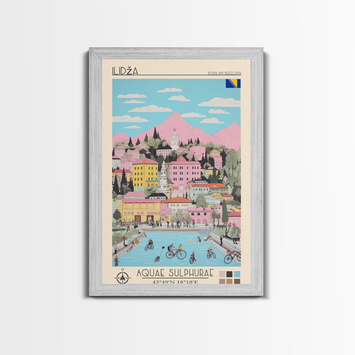 Ilidža Bosnia and Herzegovina Travel Poster Framed Canvas Print, Midcentury Modern Art, Pop Art Wall Decor, Scenic Wall Art, Bedroom Decoration