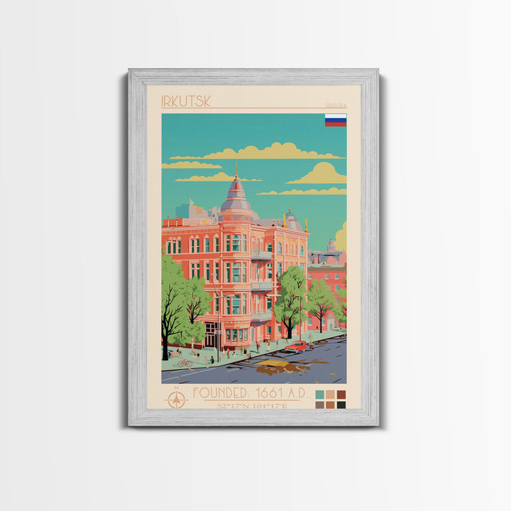 Irkutsk Russia Travel Poster Framed Canvas Print, Midcentury Modern Art, Pop Art Wall Decor, Scenic Bedroom Art, Office Decoration