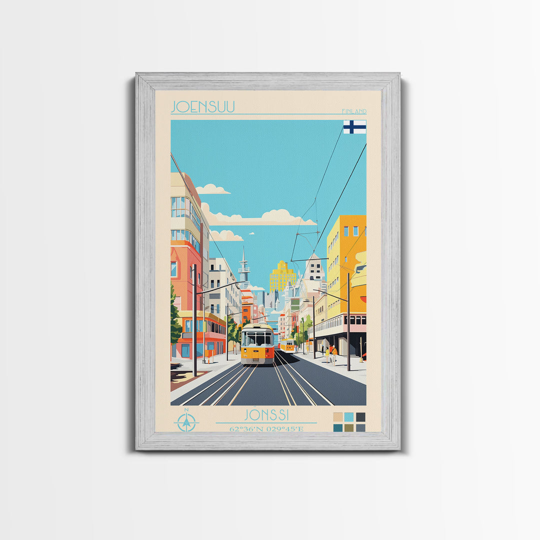 Joensuu Finland Travel Poster Framed Canvas Print, Midcentury Modern Art, Pop Art Wall Decor, Scenic Living Room Art, Bedroom Decor