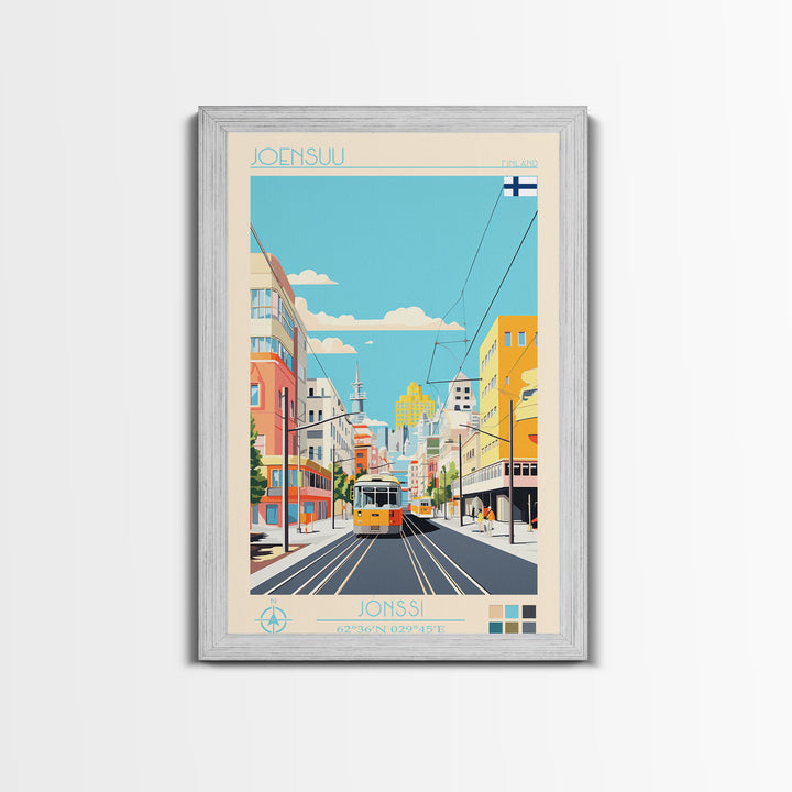 Joensuu Finland Travel Poster Framed Canvas Print, Midcentury Modern Art, Pop Art Wall Decor, Scenic Living Room Art, Bedroom Decor