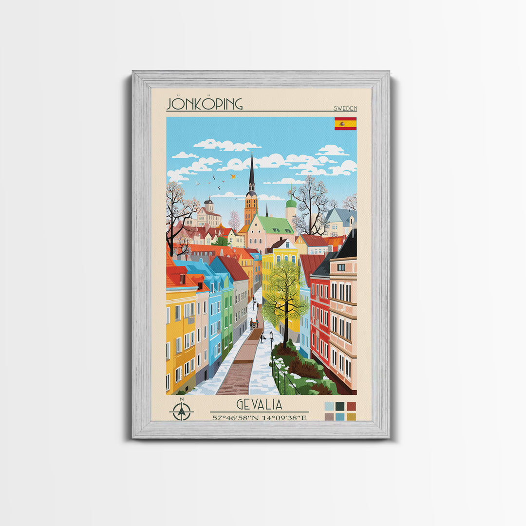 Jönköping Sweden Travel Poster Framed Canvas Print, Midcentury Modern Art, Pop Art Wall Decor, Home Decor, Vacation Gift, Office Art