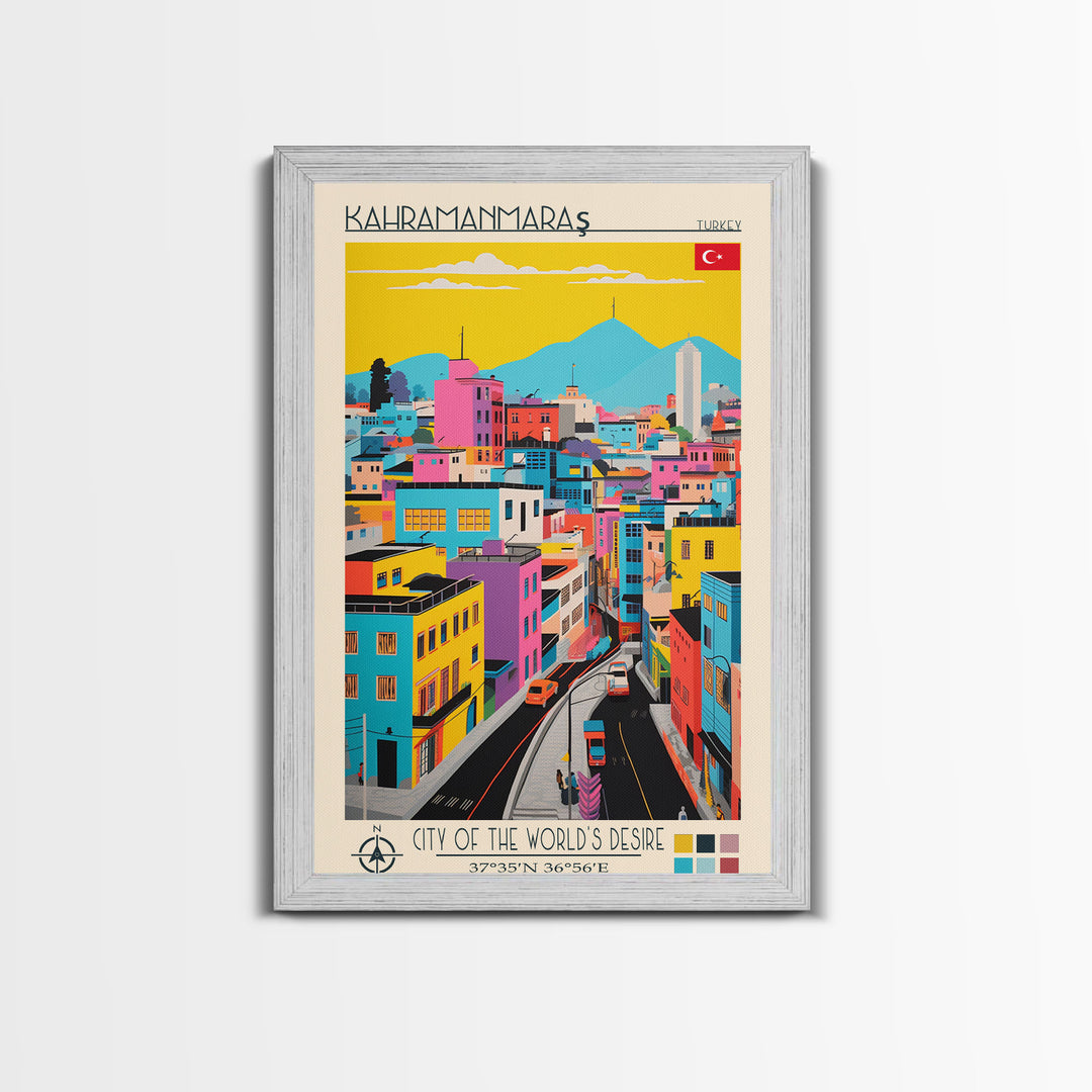 Kahramanmaraş Turkey Travel Poster Framed Canvas Print, Midcentury Modern Art, Pop Art Wall Decor, Scenic Living Room Art, Bedroom Gift