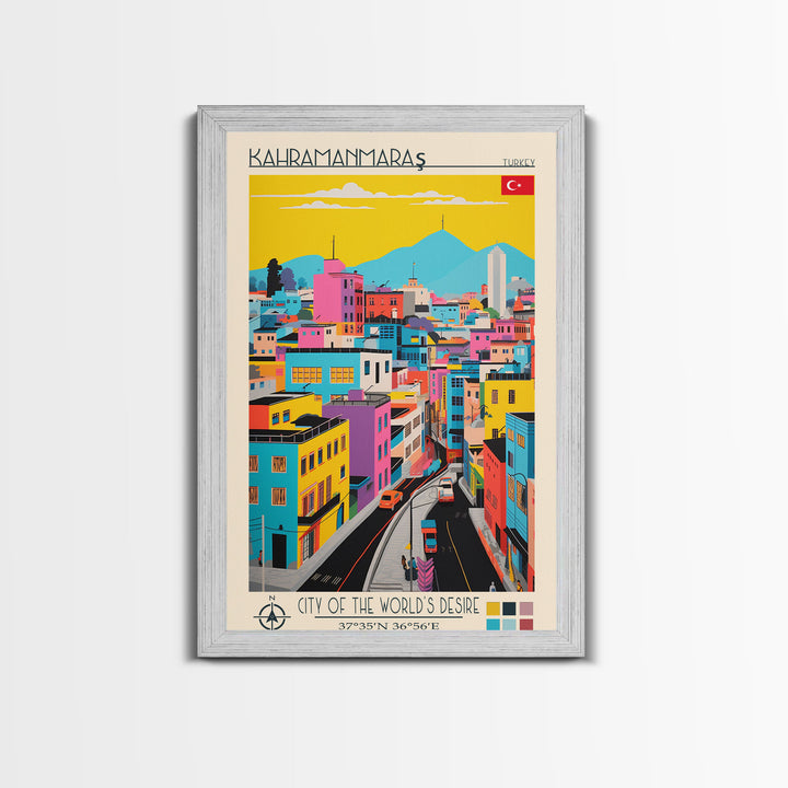 Kahramanmaraş Turkey Travel Poster Framed Canvas Print, Midcentury Modern Art, Pop Art Wall Decor, Scenic Living Room Art, Bedroom Gift