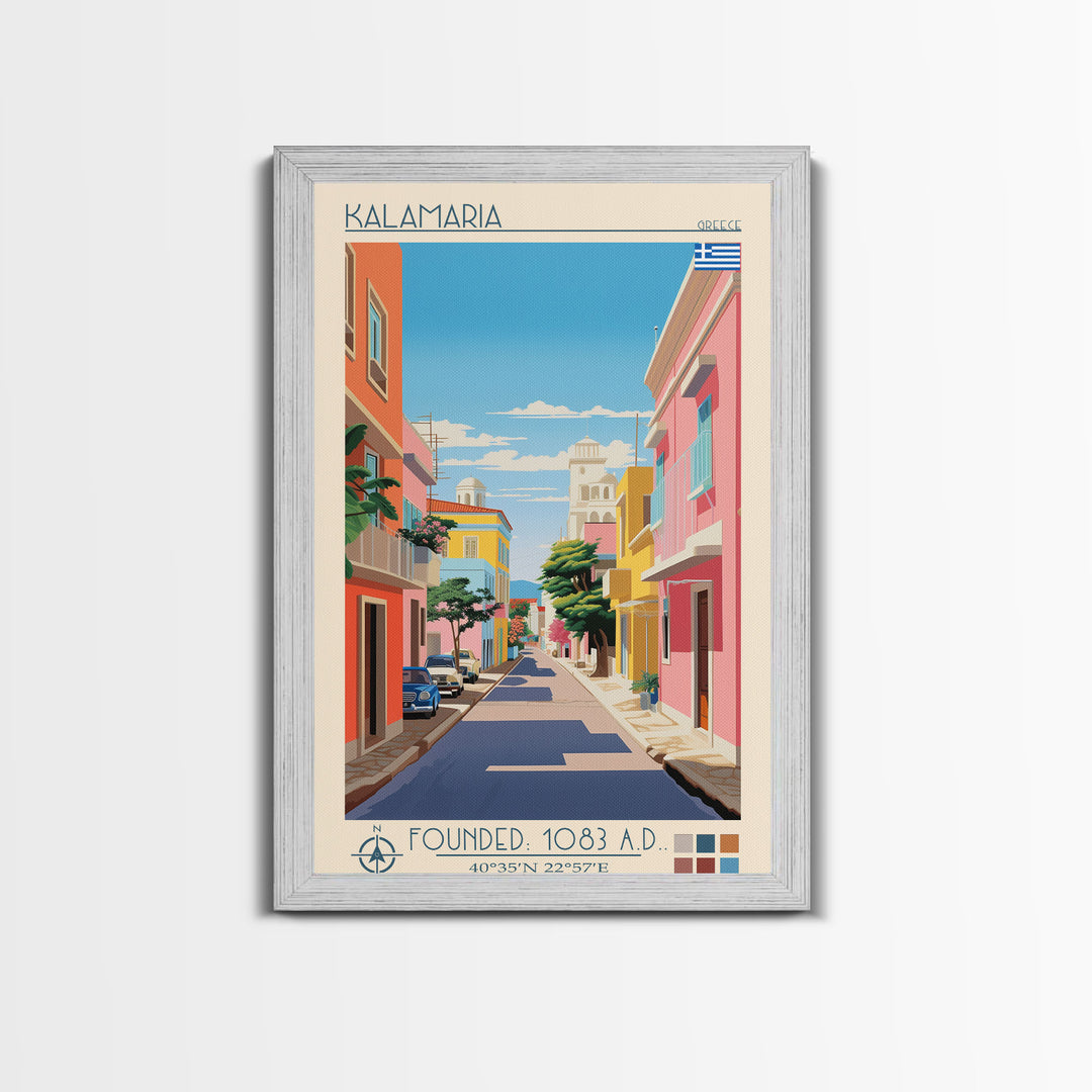 Kalamaria Greece Travel Poster Framed Canvas Print, Midcentury Modern Art, Pop Art Wall Decor, Scenic Wall Art, Living Room Decoration, Office Art