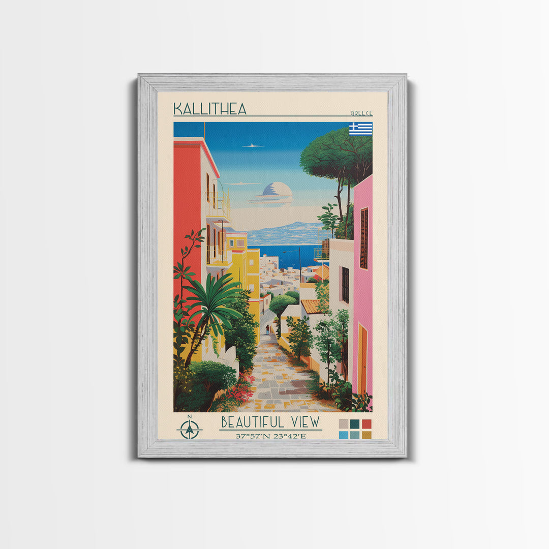 Kallithea Greece Travel Poster Framed Canvas Print, Midcentury Modern Art, Pop Art Wall Decor, Scenic Wall Art, Living Room Decoration, Office Gift