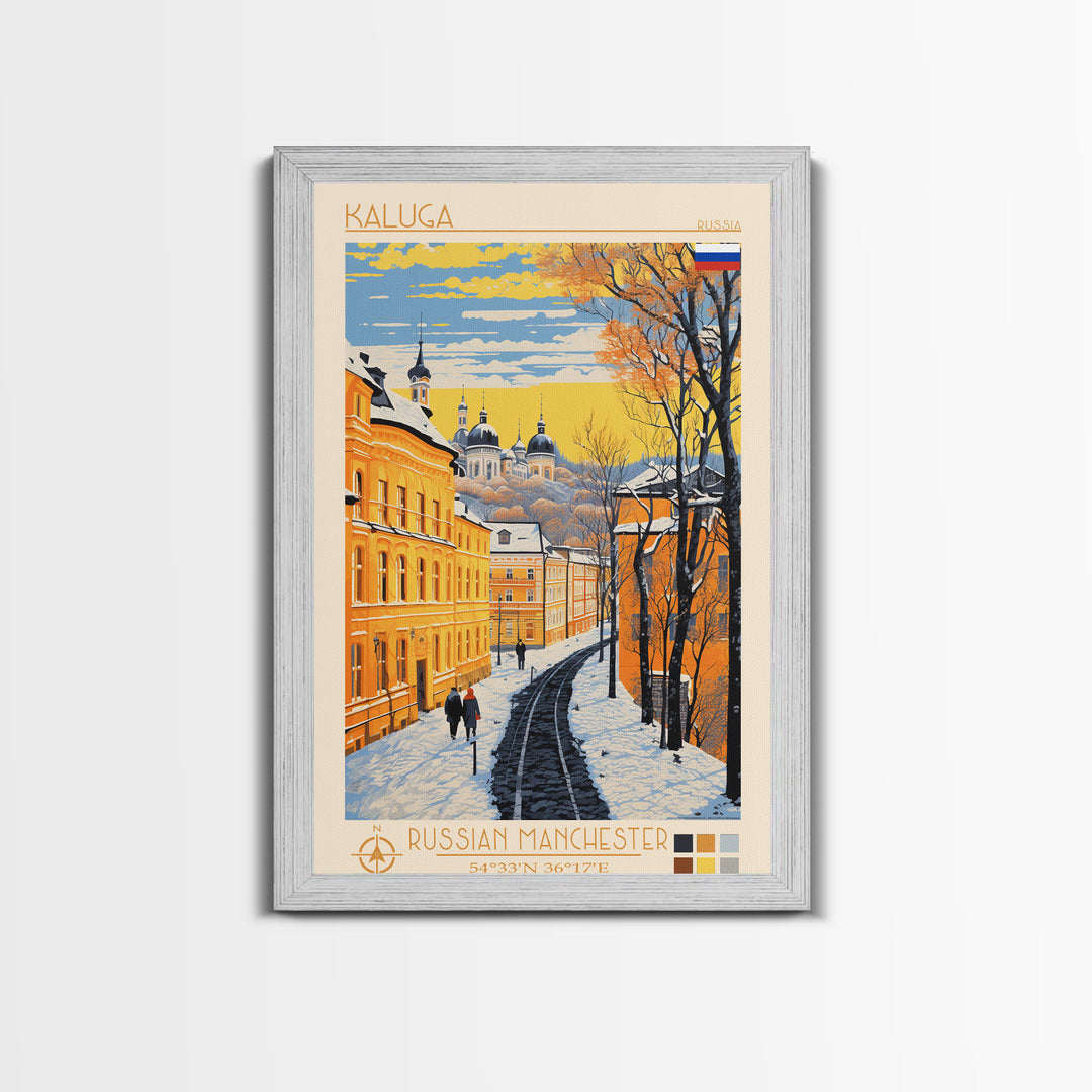 Kaluga Russia Travel Poster Framed Canvas Print, Midcentury Modern Art, Pop Art Wall Decor, Scenic Wall Art, Bedroom Decoration