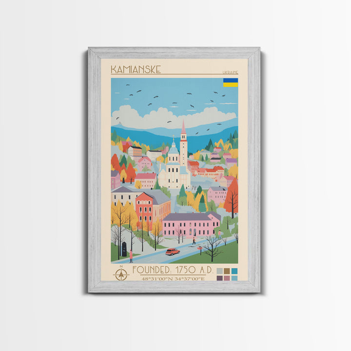 Kamianske Ukraine Travel Poster Framed Canvas Print, Midcentury Modern Art, Pop Art Wall Decor, Scenic Wall Art, Living Room Decoration, Office Art