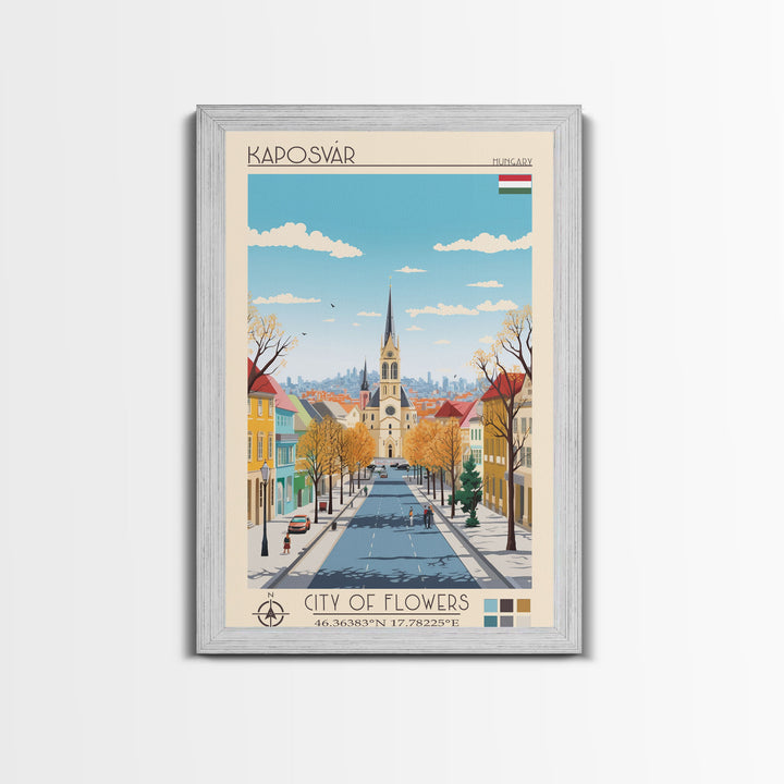 Kaposvár Hungary Travel Poster Framed Canvas Print, Midcentury Modern Art, Pop Art Wall Decor, Scenic Bedroom Art, Office Decoration