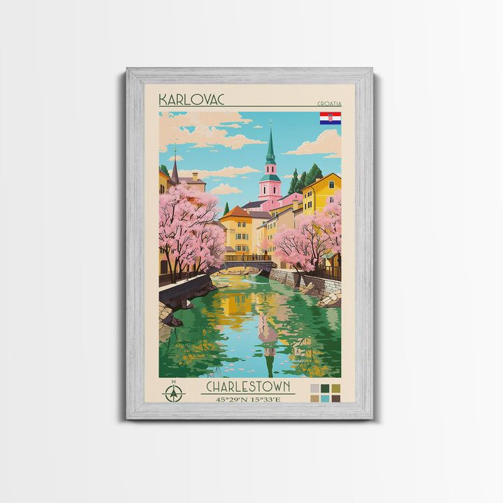 Karlovac Croatia Travel Poster Framed Canvas Print, Midcentury Modern Art, Pop Art Wall Decor, Scenic Living Room Art, Bedroom Decor