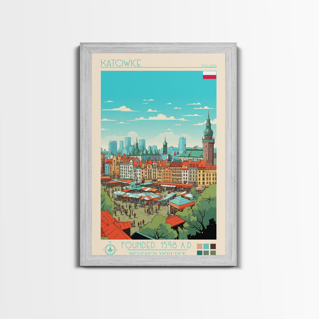 Katowice Poland Travel Poster Framed Canvas Print, Midcentury Modern Art, Pop Art Wall Decor, Home Decor, Vacation Gift, Office Art