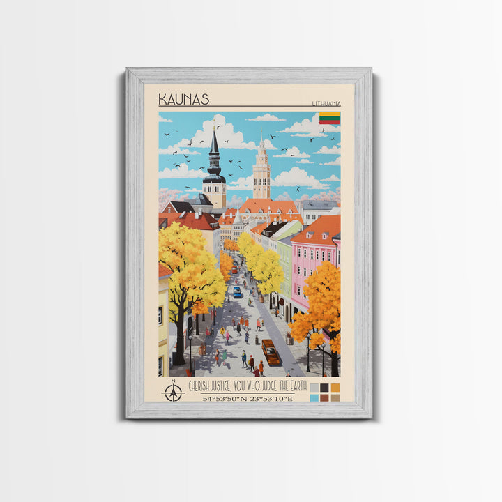 Kaunas Lithuania Travel Poster Framed Canvas Print, Midcentury Modern Art, Pop Art Wall Decor, Scenic Living Room Art, Bedroom Gift