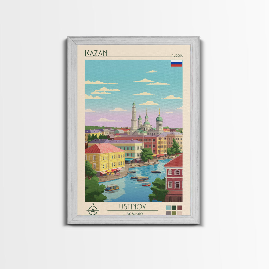 Kazan Russia Travel Poster Framed Canvas Print, Midcentury Modern Art, Pop Art Wall Decor, Scenic Bedroom Art, Office Decoration