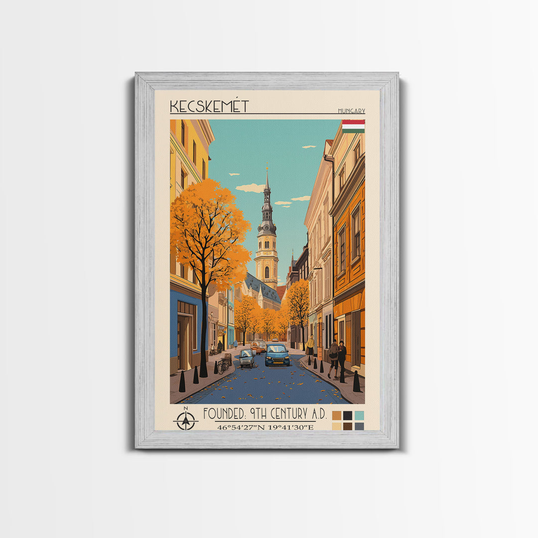 Kecskemét Hungary Travel Poster Framed Canvas Print, Midcentury Modern Art, Pop Art Wall Decor, Scenic Living Room Art, Bedroom Decor