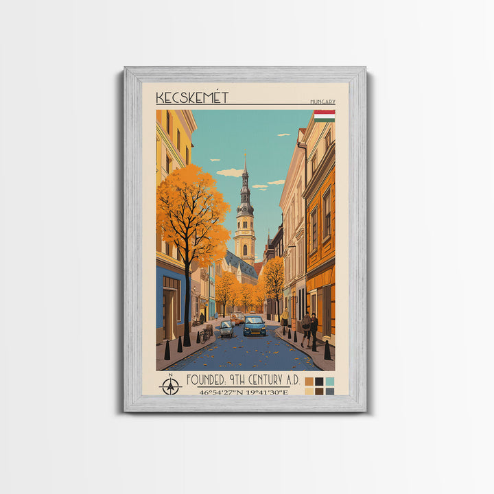 Kecskemét Hungary Travel Poster Framed Canvas Print, Midcentury Modern Art, Pop Art Wall Decor, Scenic Living Room Art, Bedroom Decor