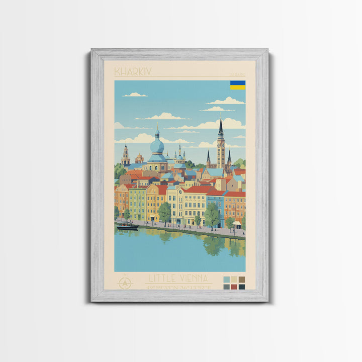 Kharkiv Ukraine Travel Poster Framed Canvas Print, Midcentury Modern Art, Pop Art Wall Decor, Scenic Living Room Art, Bedroom Gift