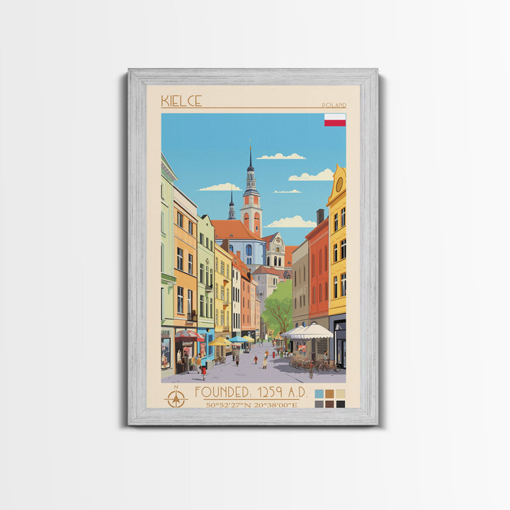 Kielce Poland Travel Poster Framed Canvas Print, Midcentury Modern Art, Pop Art Wall Decor, Scenic Wall Art, Bedroom Decoration