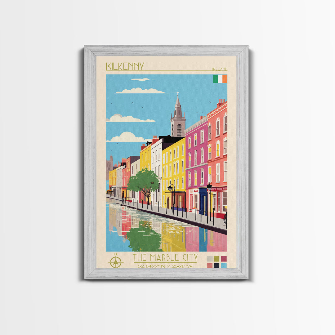 Kilkenny Ireland Travel Poster Framed Canvas Print, Midcentury Modern Art, Pop Art Wall Decor, Scenic Bedroom Art, Office Decoration