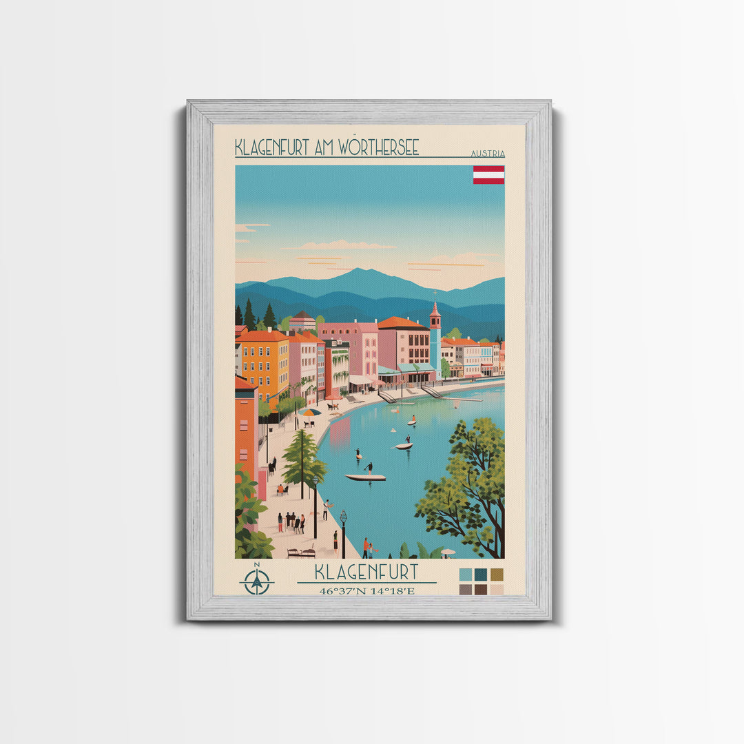 Klagenfurt am Wörthersee Austria Travel Poster Framed Canvas Print, Vintage Style, Pop Art Home Decor, Scenic Wall Art, Bedroom Decoration, Office Gift