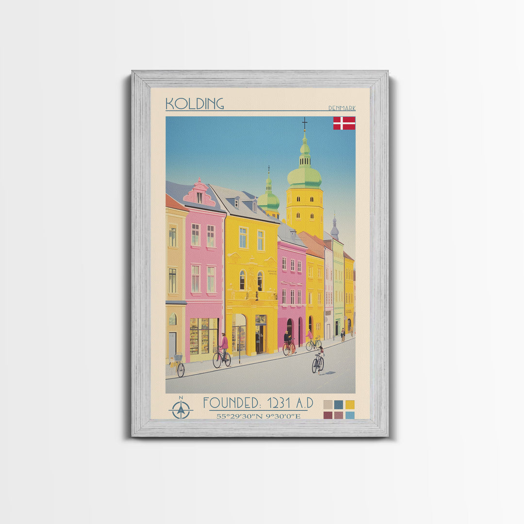 Kolding Denmark Travel Poster Framed Canvas Print, Midcentury Modern Art, Pop Art Wall Decor, Scenic Living Room Art, Bedroom Gift