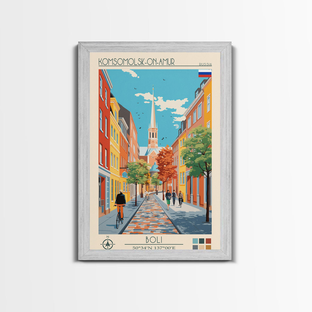 Komsomolsk on Amur Russia Travel Poster Framed Canvas Print, Midcentury Modern Art, Pop Art Wall Decor, Scenic Wall Art, Living Room Decoration, Office Art