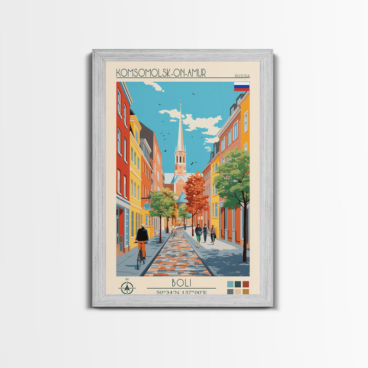 Komsomolsk on Amur Russia Travel Poster Framed Canvas Print, Midcentury Modern Art, Pop Art Wall Decor, Scenic Wall Art, Living Room Decoration, Office Art